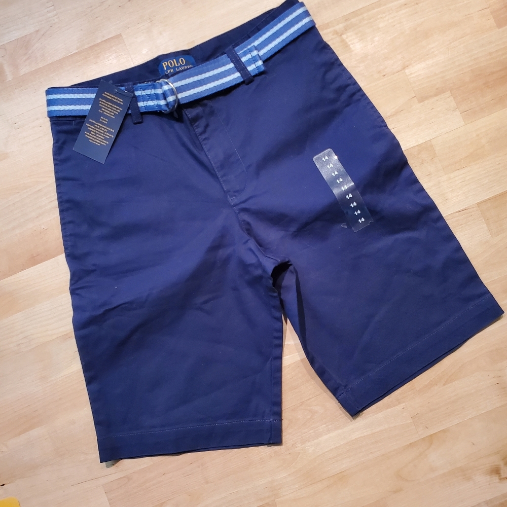 NEW Polo Ralph Lauren Boy's Navy Chino Classic Shorts with Belt Size 14
